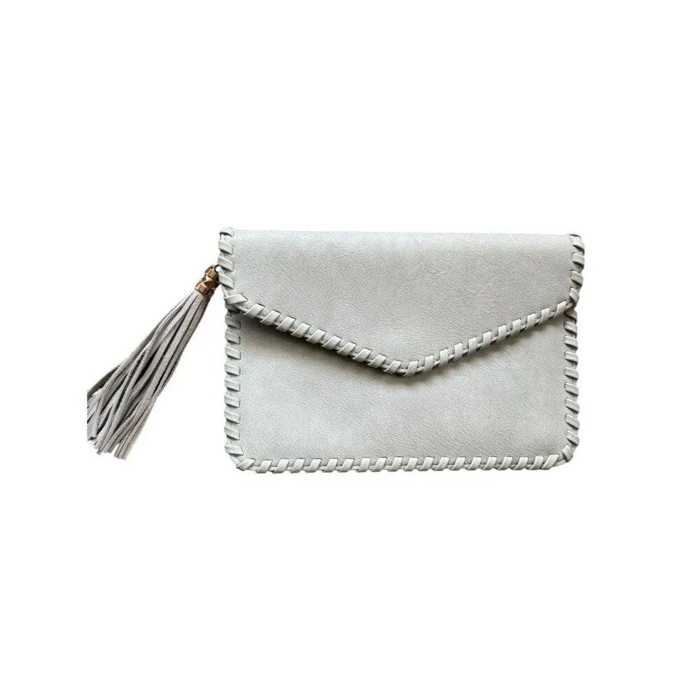 Moda Luxe Light Blue Gray Envelope Clutch with Tassel